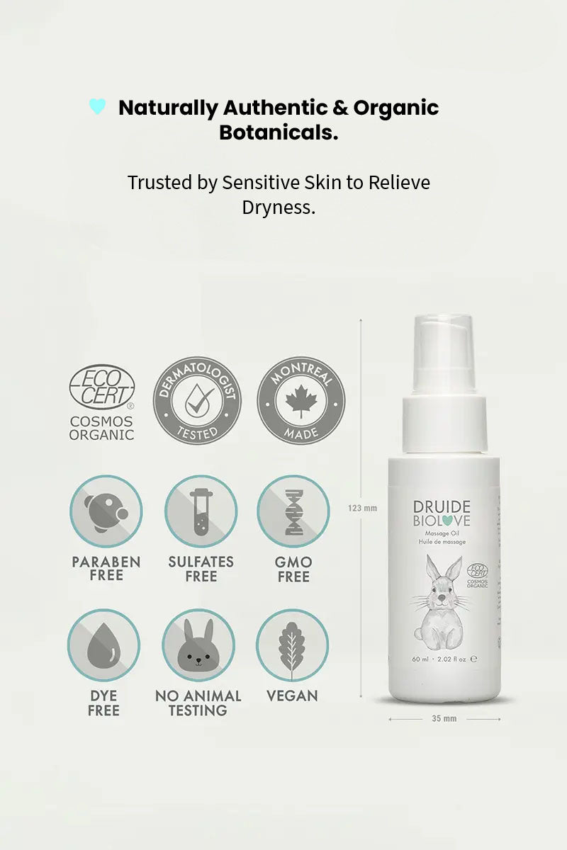 Druide Biolove organic massage oil dispenser showing its dimensions of 123 mm height and 35 mm width, placed next to certification icons of ecocert certified cosmos organic, dermatologist tested, montreal, Canada made, paraben free, sulfates free, gmo free, dye free, no animal testing, and vegan.