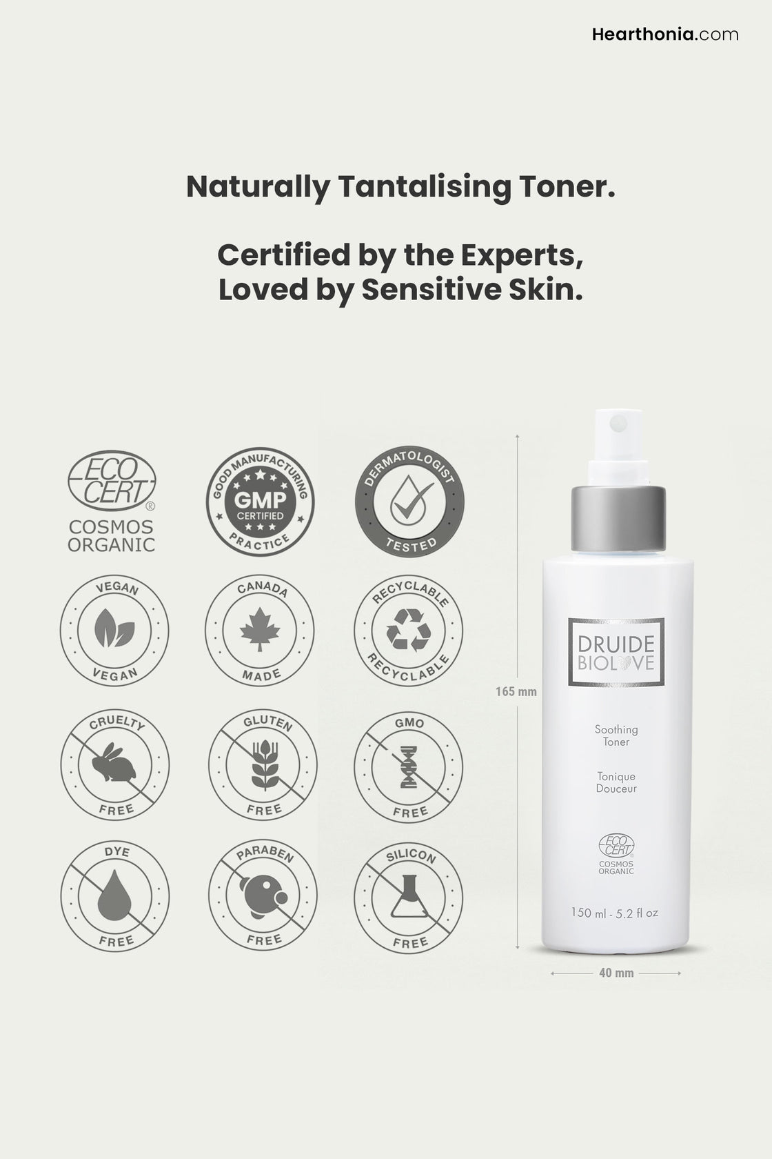 Druide Biolove Organic Witch Hazel Toner, in its white spray dispenser 165 mm high and 40 mm wide, along with several certification icons.