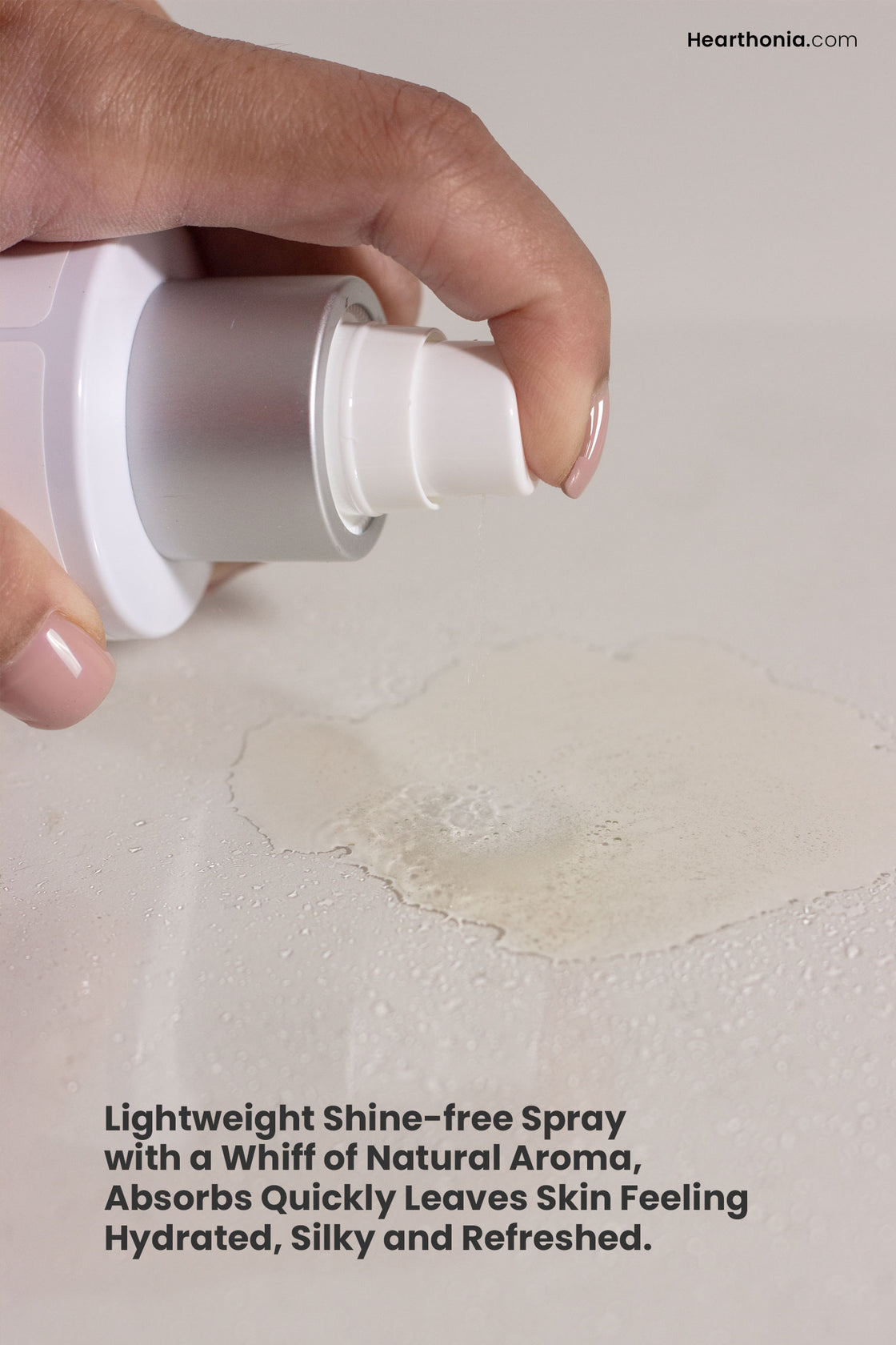 Druide Biolove Organic Witch Hazel Toner dispenser spraying the opaque liquid on a surface. Text states "lightweight shine-free spray with a whiff of natural aroma, absorbs quickly leaves skin feeling hydrated, silky and refreshed".