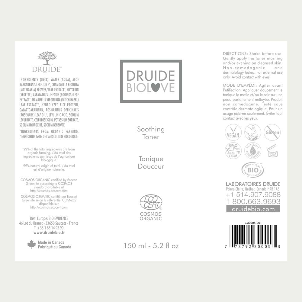 Druide Biolove Organic Witch Hazel Toner packaging label with product benefits, ingredients, certifications, and Canadian origin.