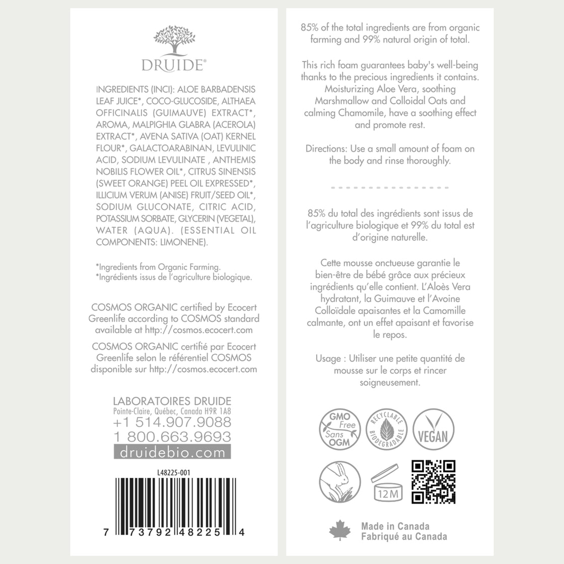 Druide Biolove Softcare Cleansing baby wash Mousse packaging label displaying product benefits, ingredients, certifications such as Ecocert Organic and Canada origin.
