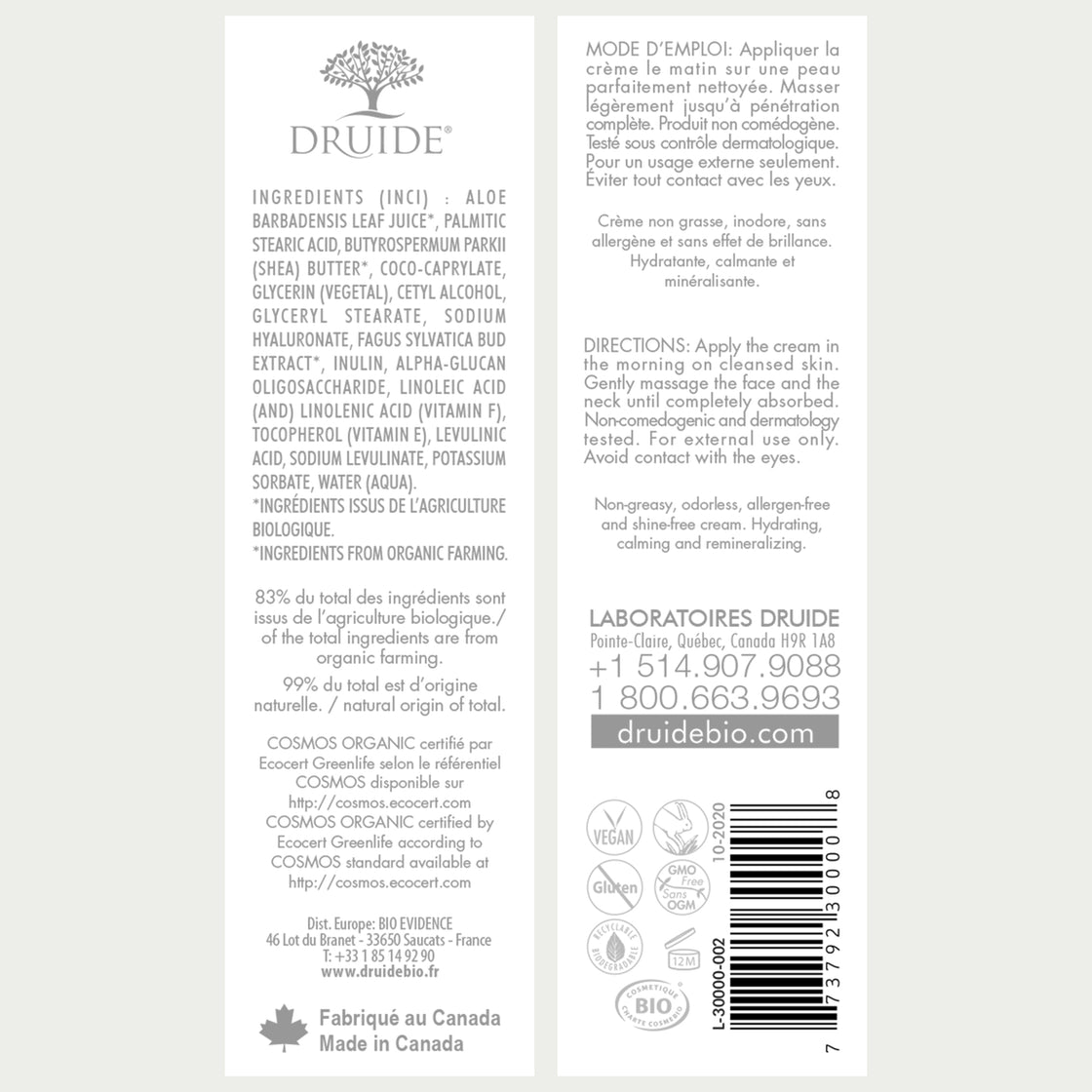 Druide Biolove Organic Ultra-Hydrating Day Cream, packaging label with product ingredients, certifications, usage directions and its canadian origin.
