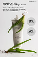 Druide Biolove Organic Nightly Ultra Nourishing Cream, in its white tube dispenser amid two aloe vera plant stems with roots showing, highlighting its 99% natural and 82% organic certification with text