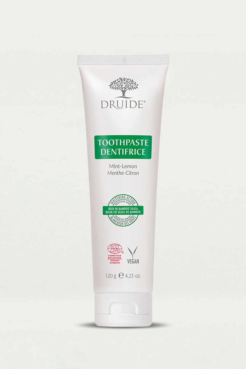 Druide Organic Mint-Lemon Toothpaste, (120 g, 4.23 oz.) Ecocert certified fluoride-free whitening action mint-lemon toothpaste shown against a clear background.