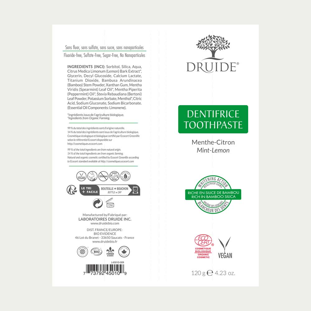 Druide Organic Mint-Lemon Toothpaste tube label showing product ingredients, certifications, and Canadian origin.