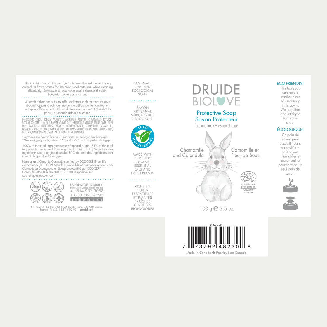 Druide Biolove Protective soap bar packaging label with product benefits, ingredients, certifications, and canadian origin.