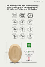 Druide pur and pure natural soap bar showing its dimensions of 95 mm height and 30 mm width, placed next to certification icons of ecocert certified cosmos organic, dermatologist tested, montreal, Canada made, paraben free, sulfates free, gmo free, dye free, no animal testing, and vegan.