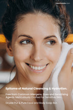 smiling woman wiping face after wash with text reading