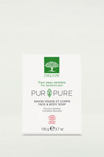 Box of Druide Pur and Pure natural soap bar for Face & Body showing weight of 105 g, 3.7 oz. and Ecocert cosmos natural certification.