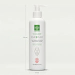 Druide Pur and Pure Organic Face and Body white pump dispenser with dimensions of 198 mm height and 50 mm width and icon of ecocert certified cosmos organic.