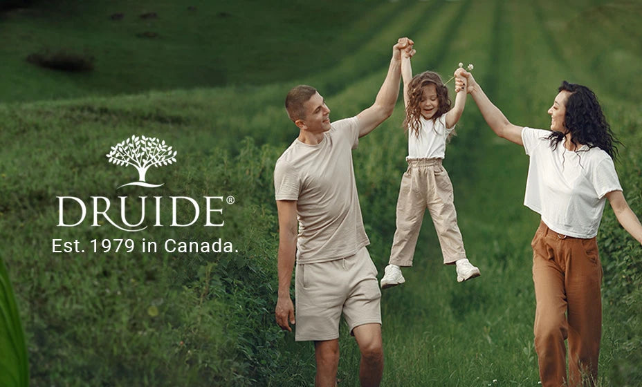 family in green field with druide brand logo and text stating established in Canada since 1979