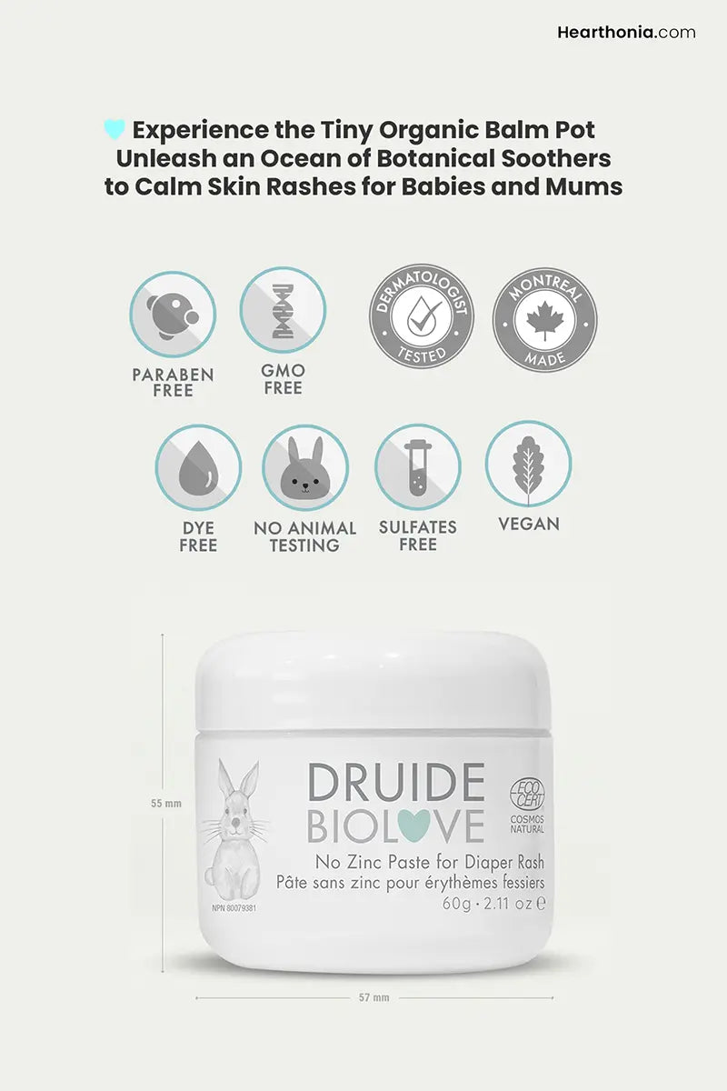 Druide Biolove Baby Balm (55mm H x 57mm W). Ecocert Organic, dermatologist-tested, safe for eczema-prone sensitive skin rashes.