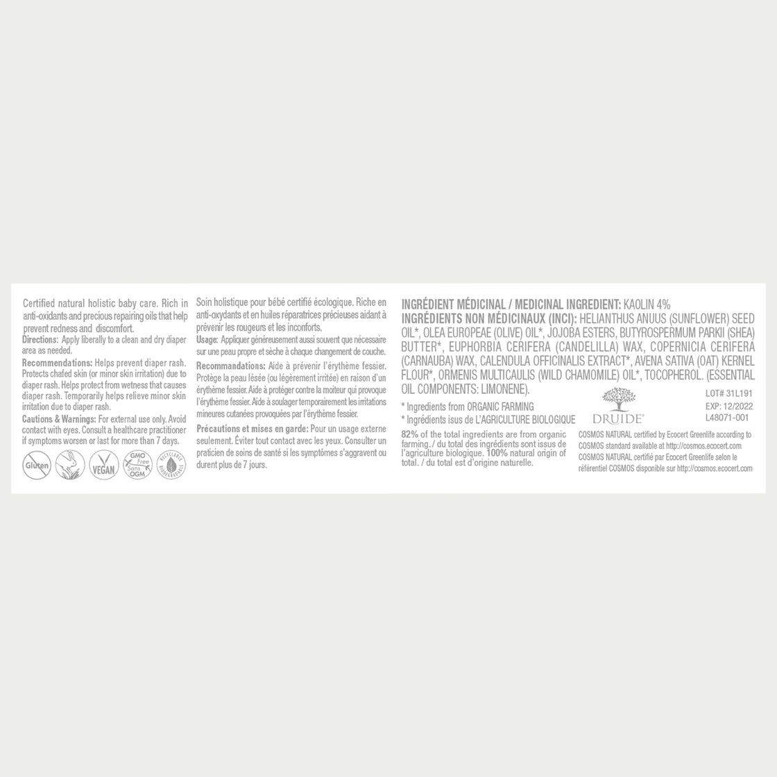 Druide Biolove Organic Baby Balm packaging label with product benefits, ingredients, certifications, and origin.
