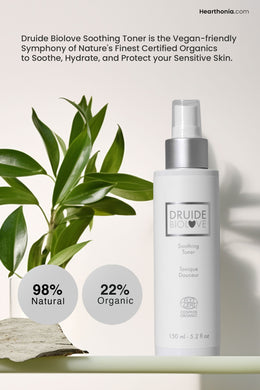 Druide Biolove Organic Witch Hazel Toner dispenser on a shelf with a plant. Text states 98% natural and 22% organic.