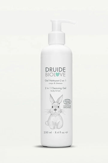 Druide Biolove Organic Baby Body wash and Shampoo white dispenser with bunny rabbit logo of the baby collection indicating 250 ml size, shown on clear background.