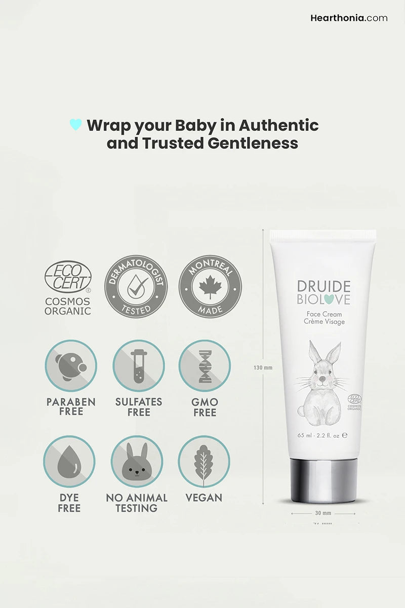 Wrap your baby in the authentic and trusted gentleness of nature with Druide Biolove Organic Baby Face Cream (136mm tall). Certified Ecocert Cosmos Organic, dermatologist-tested, made in Canada.© 2024 HQBASICS Ltd, United Kingdom (trading as Hearthonia). All rights reserved.