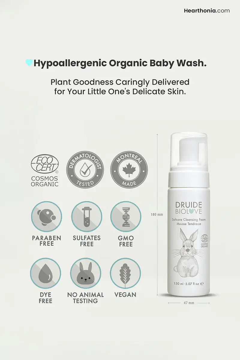 Druide Biolove Cleansing Mousse dispenser (180mm). Certified organic, hypoallergenic, vegan, paraben-free, and dermatologist-tested. Safe for sensitive skin.