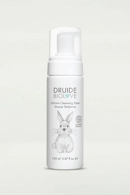 Druide Biolove Cleansing Mousse - Gentle, organic baby wash for face, body & cradle cap dispenser on flat background.