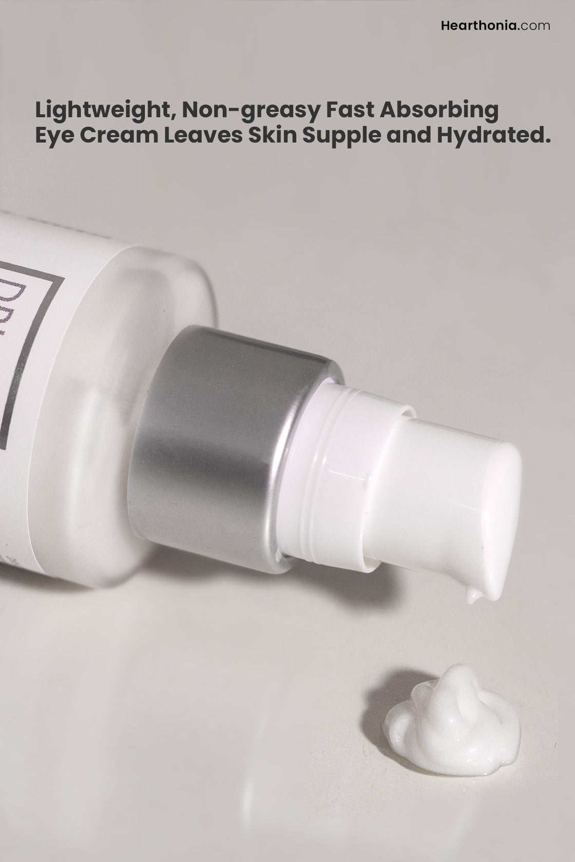 Druide Biolove Organic Eye Contour Cream dispenser pumping out a squirt of white eye cream with text reading "lightweight non greasy fast absorbing eye cream leaves skin supple and hydrated.