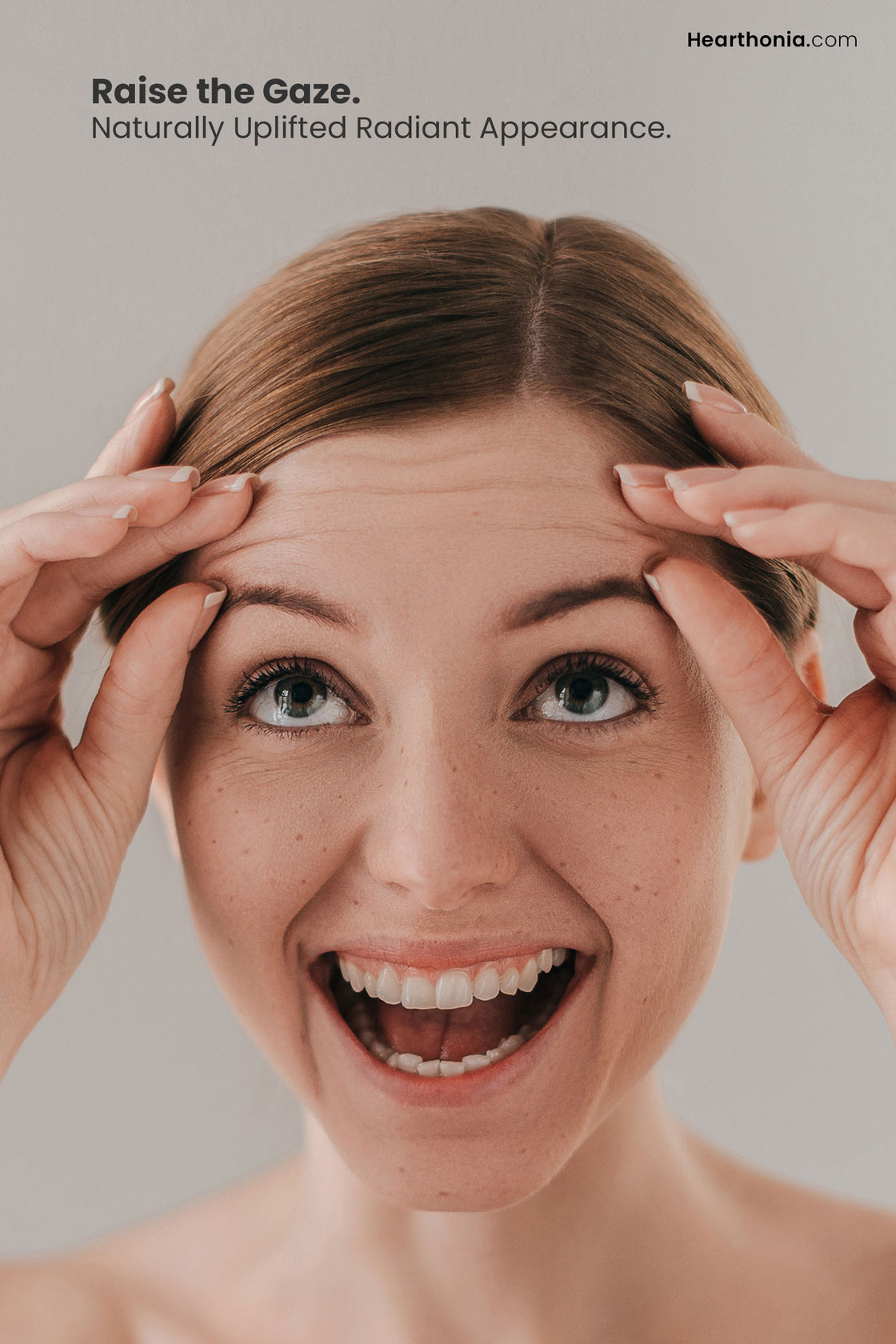 Laughing woman pulling her eyebrows up to show eye area clearly, with text reading "raise the gaze, naturally uplifted radiant appearance".