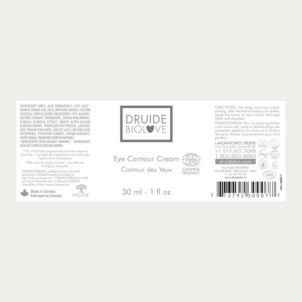 Druide Biolove Organic eye Contour Cream packaging label with product benefits, ingredients, certifications, and canadian origin.