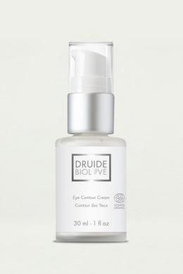 Druide Biolove Organic Age-Defying Eye Contour Cream glass dispenser of 30 ml, 1 fl. oz. size, shown on flat background.