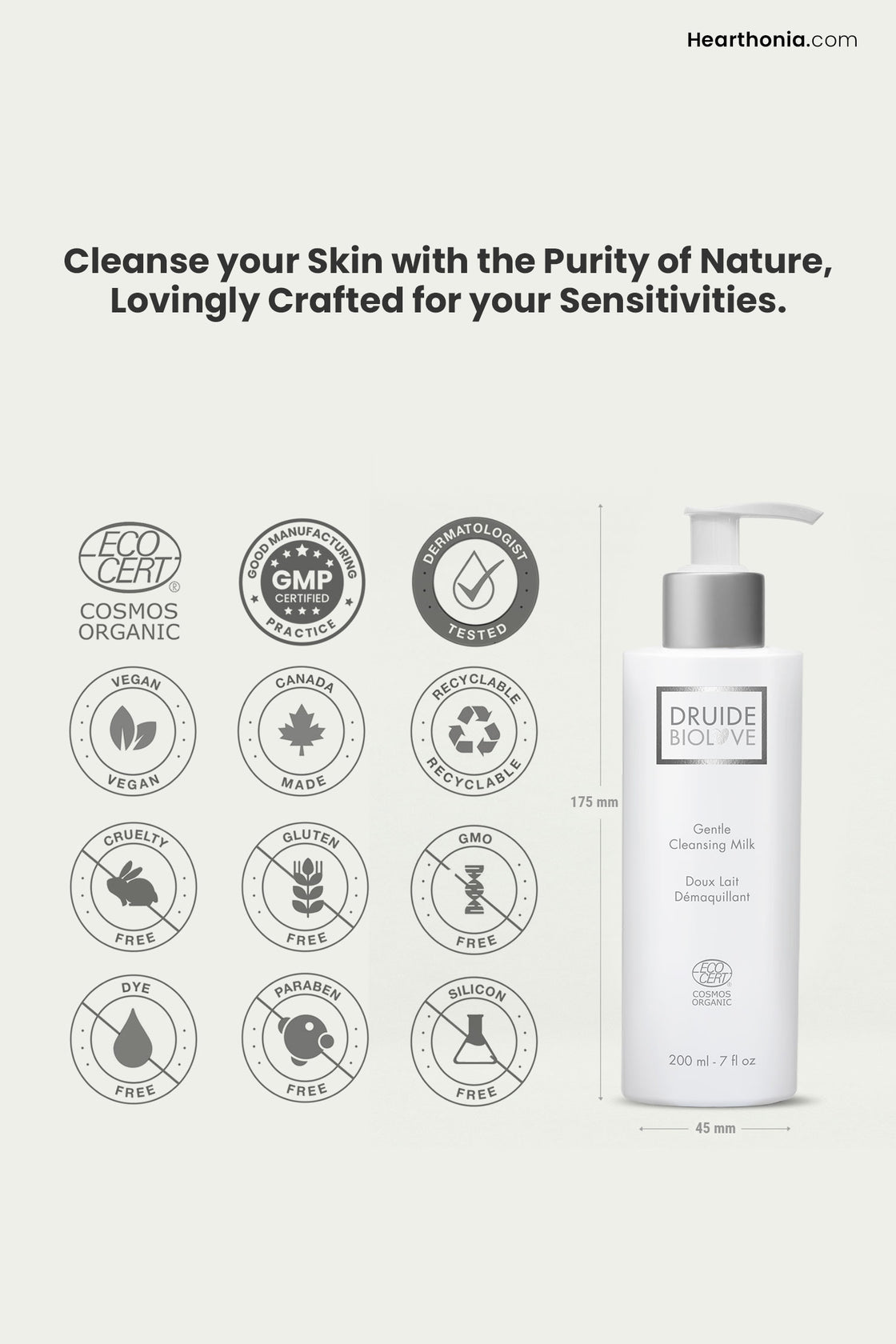 Druide Biolove Organic Gentle Cleansing Milk dispenser with dimensions of 175 mm height and 45 mm width shown with organic and nasties free certification icons.