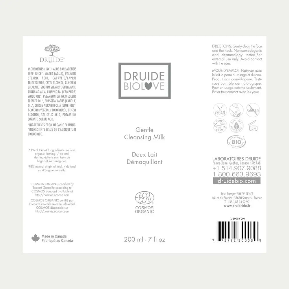 Druide Biolove Organic Gentle Cleansing Milk packaging label with product ingredients, certifications, usage  directions, and Canadian origin.