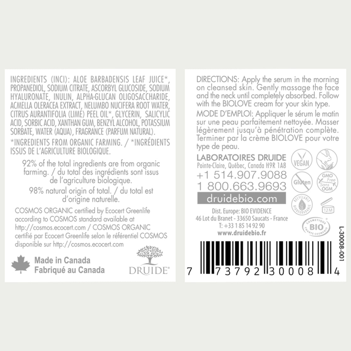 Druide Biolove Organic Vitamin C  Serum packaging label with product ingredients, certifications, usage directions and origin.