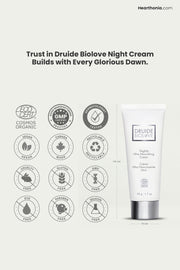 Druide Biolove nightly ultra nourishing night cream, in its white tube dispenser showing 140 mnightly ultrm height and 40 mm width, along with icons  of cosmos organic, good manufacturing practice, dermatologist tested, canada made, vegan, cruelty free, and free from gluten, GMOs, dye, paraben, and silicon.