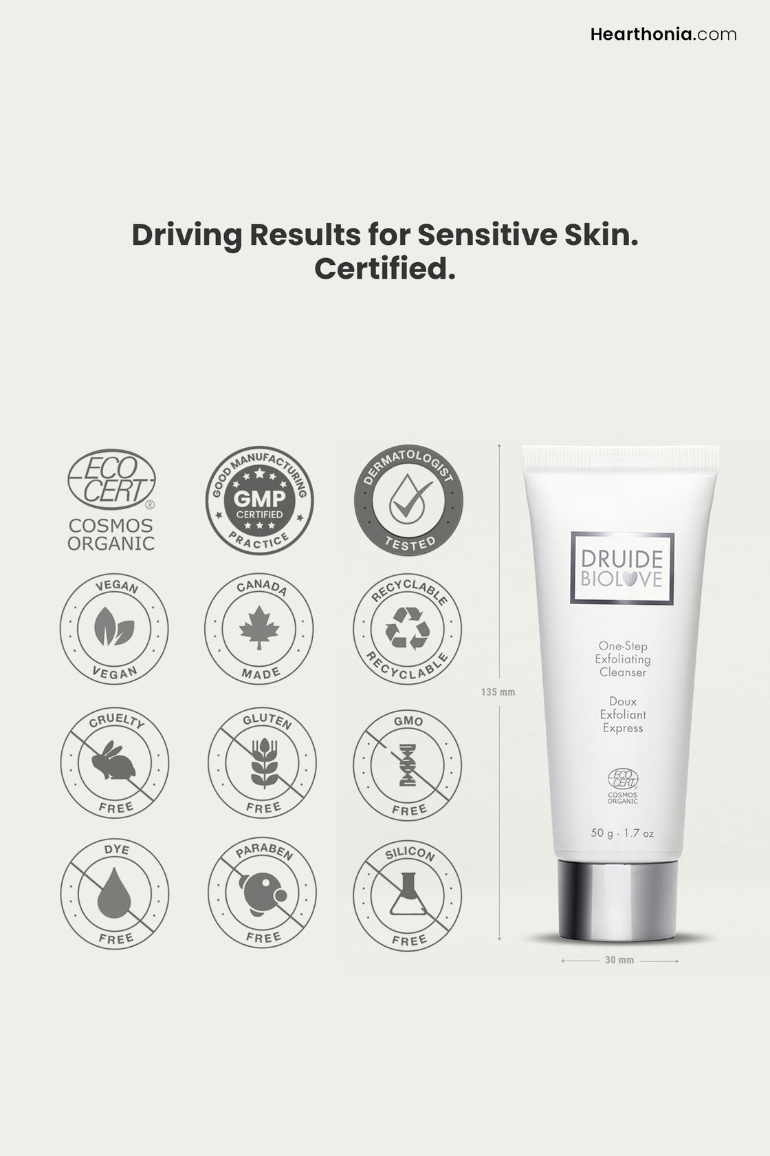 Druide Biolove Organic Exfoliating Cleanser for Sensitive Skin tube showing dimensions of 135 mm height and 30 mm width, along with several certification icons including cosmos organic and canadian origin. 