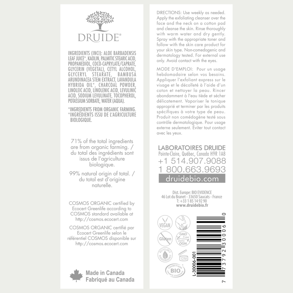Druide Biolove one step Organic Exfoliating Cleanser packaging label with product benefits, ingredients, certifications, and canadian origin.