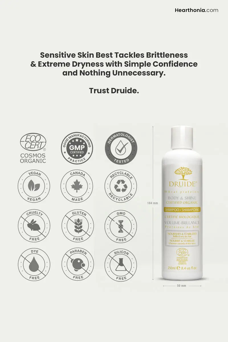 Druide body and shine shampoo dispenser shown with icons confirming product is gluten-free, cruelty-free, vegan, GMO-free, dye free, silicon free, and made in Canada. Dispenser dimensions are 184 mm height and 50 mm width. Text reads "sensitive skin best tackles brittleness and extreme dryness with simple confidence and nothing unnecessary".
