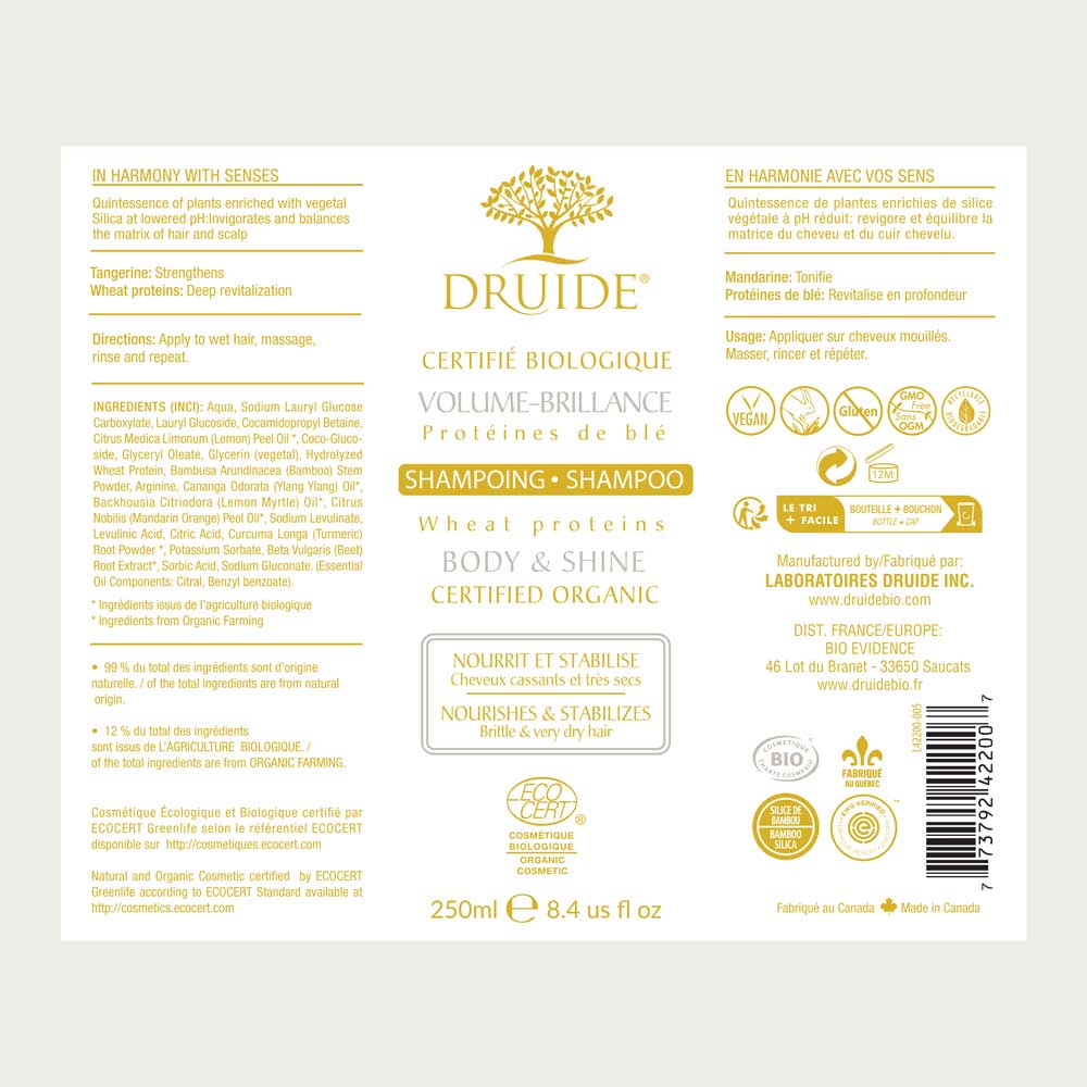 Druide body and shine shampoo for dry brittle hair packaging label with product benefits, ingredients, certifications, and canadian origin.