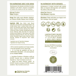 Druide Green Tea Frequent Shampoo  packaging label showing its certification icons of ecocert certified cosmos organic, dermatologist tested, Canada made, GMO free, gluten free, no animal testing, and vegan.
