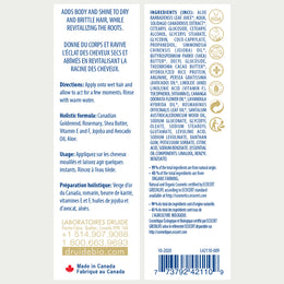 Druide Natural Hair conditioner packaging label with product benefits, ingredients, certifications, and canadian origin.