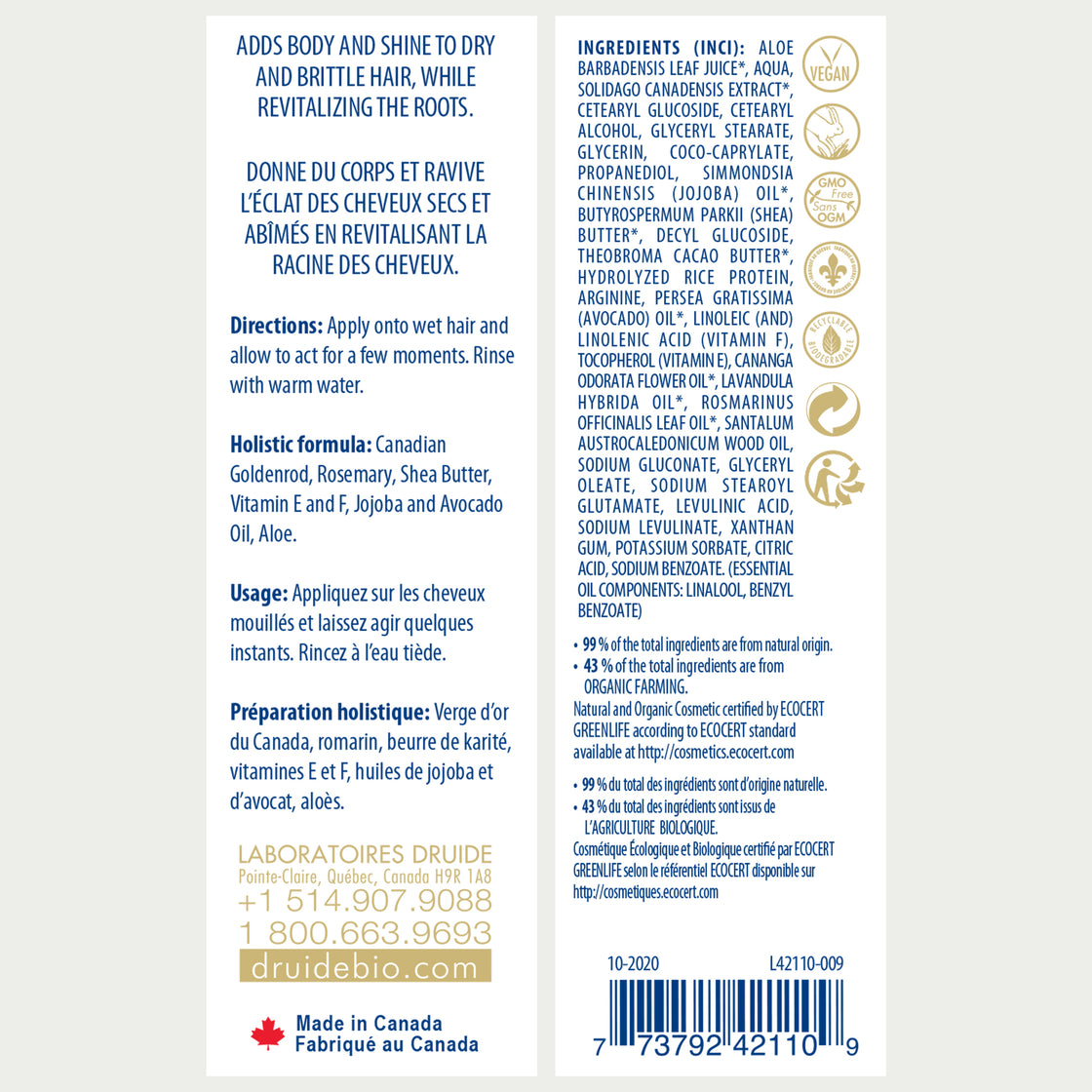 Druide Natural Hair conditioner packaging label with product benefits, ingredients, certifications, and canadian origin.