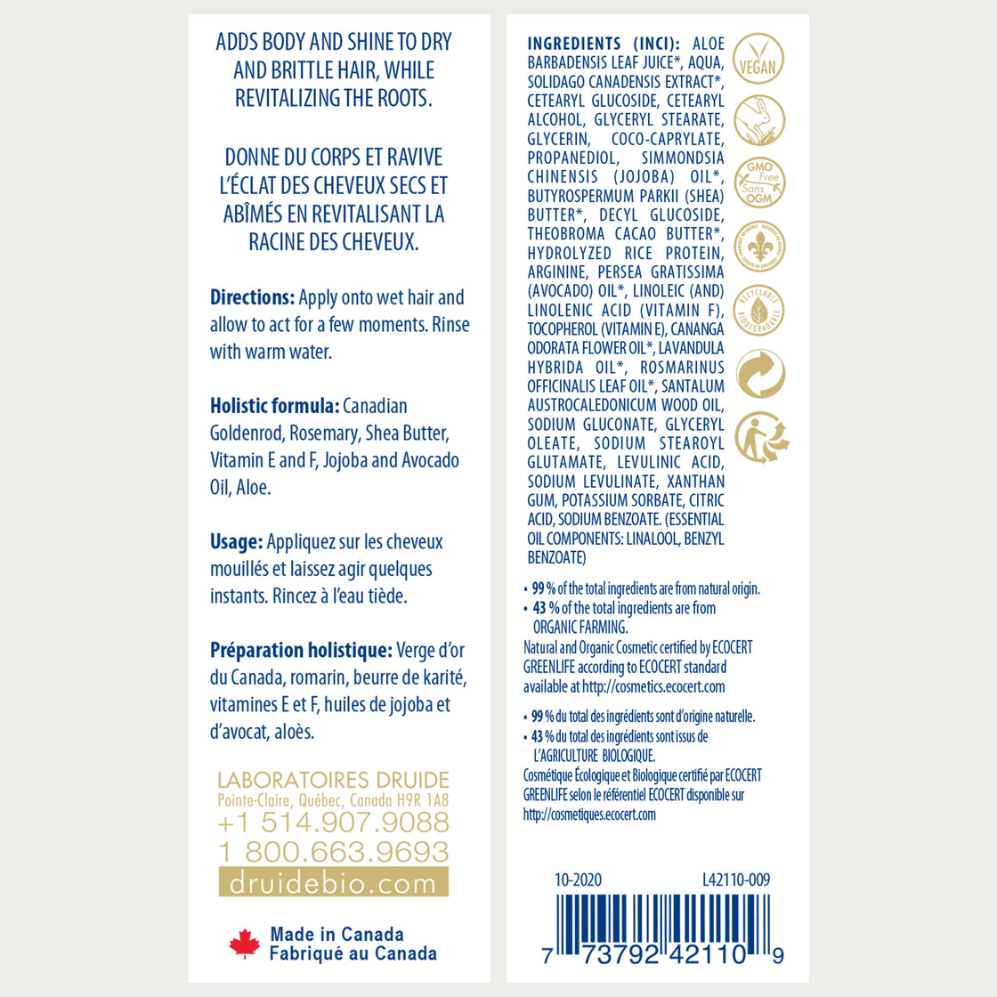 Druide Natural Hair conditioner packaging label with product benefits, ingredients, certifications, and origin.