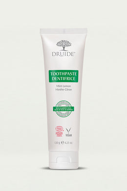 Druide Organic Mint-Lemon Toothpaste, (120 g, 4.23 oz.) Ecocert certified fluoride-free whitening action mint-lemon toothpaste shown against a clear background.