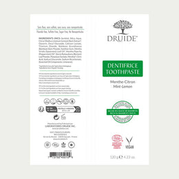Druide Organic Mint-Lemon Toothpaste tube label showing product ingredients, certifications, and Canadian origin.
