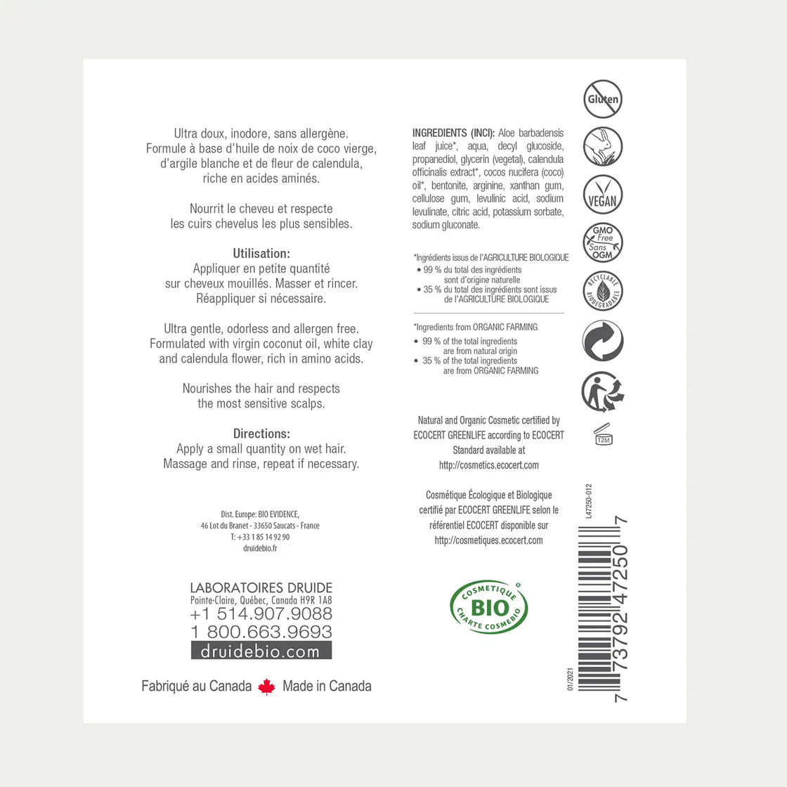 Druide Pur&Pure Organic sensitive shampoo packaging label with product benefits, ingredients, certifications, and origin.