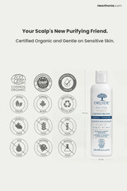 Druide Purity Oily hair Shampoo showing its dimensions of 188 mm height and 50 mm width, placed next to certification icons of ecocert certified cosmos organic, dermatologist tested, montreal, Canada made, paraben free, sulfates free, gmo free, dye free, no animal testing, and vegan.