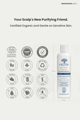 Druide Purity Oily hair Shampoo showing its dimensions of 188 mm height and 50 mm width, placed next to certification icons of ecocert certified cosmos organic, dermatologist tested, montreal, Canada made, paraben free, sulfates free, gmo free, dye free, no animal testing, and vegan.
