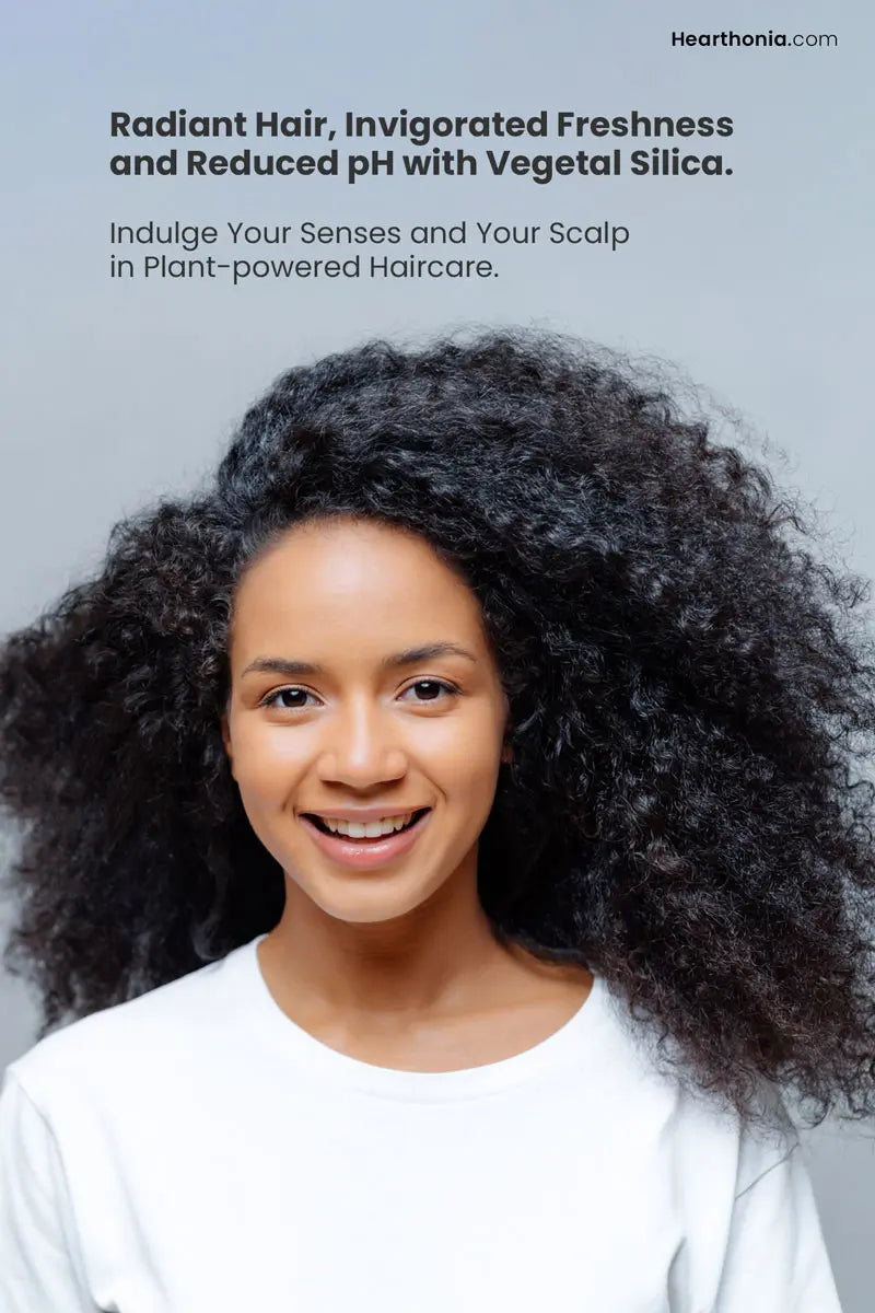 Satisfied Happy lady with curly black healthy hair after using Druide Purity Shampoo with text reading "radiant hair invigorated freshness and reduced pH with vegetal silica".