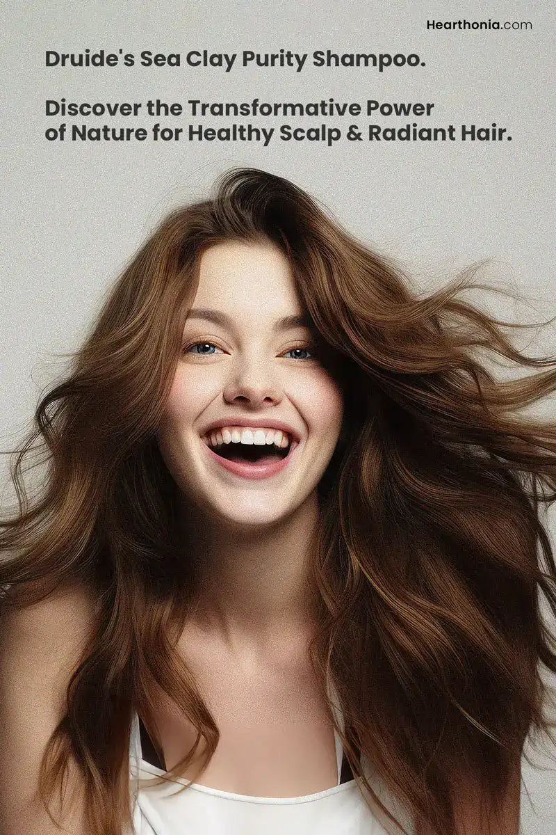 Smiling woman with healthy, flowing auburn hair with text reading "discover the transformative power of nature for healthy scalp and radian hair".