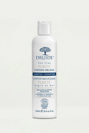 Druide Purity Oily hair Shampoo (250 ml). Ecocert certified organic shampoo for greasy hair shown with a clear background.