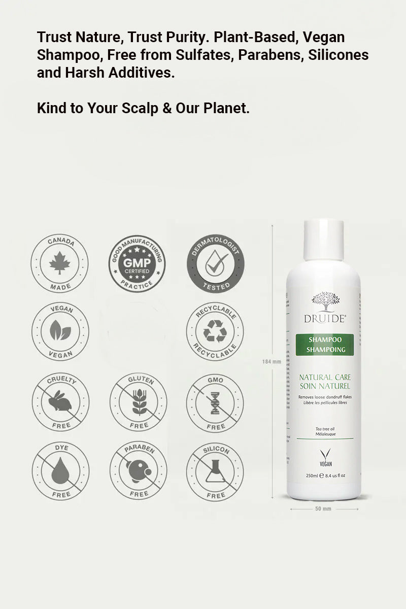 Druide Tea Tree Oil Shampoo dispenser shown with icons confirming product is gluten-free, cruelty-free, vegan, GMO-free, and made in Canada, and dispenser dimensions of 184 mm height and 50 mm width.