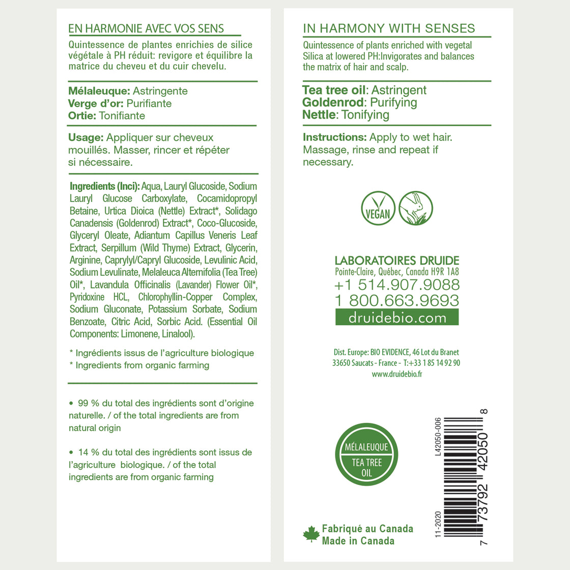Druide Tea Tree Oil Shampoo Tea Tree Oil Shampoo for Dandruff packaging label with product benefits, ingredients, certifications, and canadian origin.