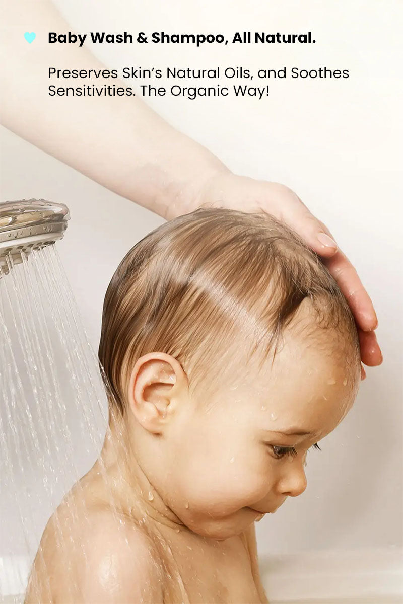 toddler getting a hair wash with text reading "preserves skin's natural oils and soothes sensitivities, the organic way".
