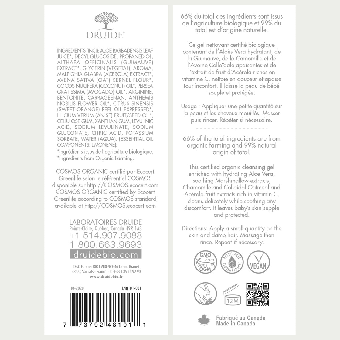 Druide Biolove Organic 2in1 cleansing gel baby body wash and shampoo dispenser label displaying product benefits, ingredients, certifications such as Ecocert Organic and Canada origin.